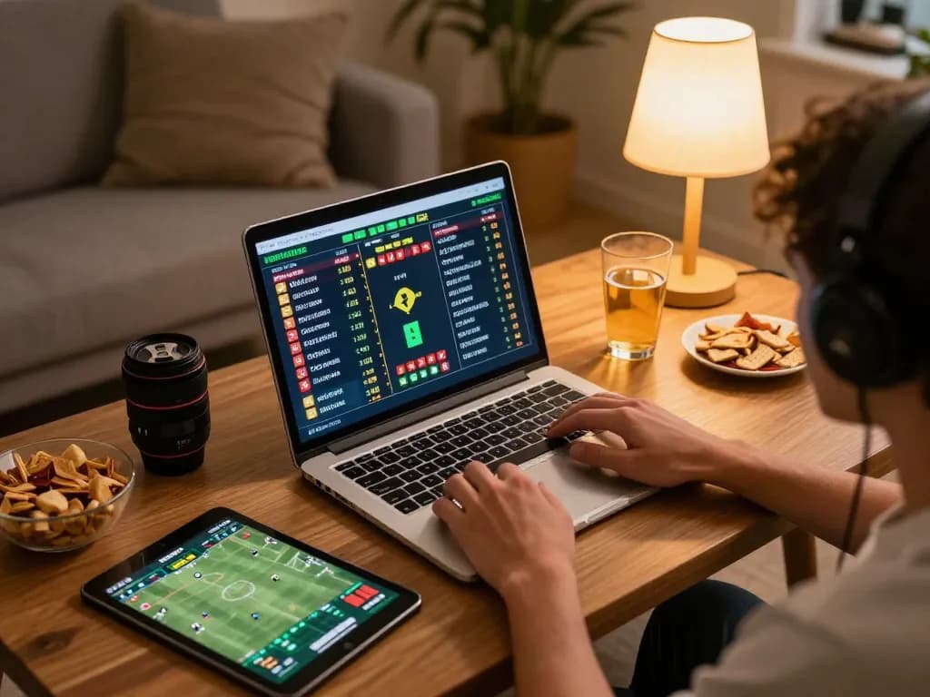 Engaging sports betting at home with goal123's live odds on laptop, creating a dynamic gaming experience.