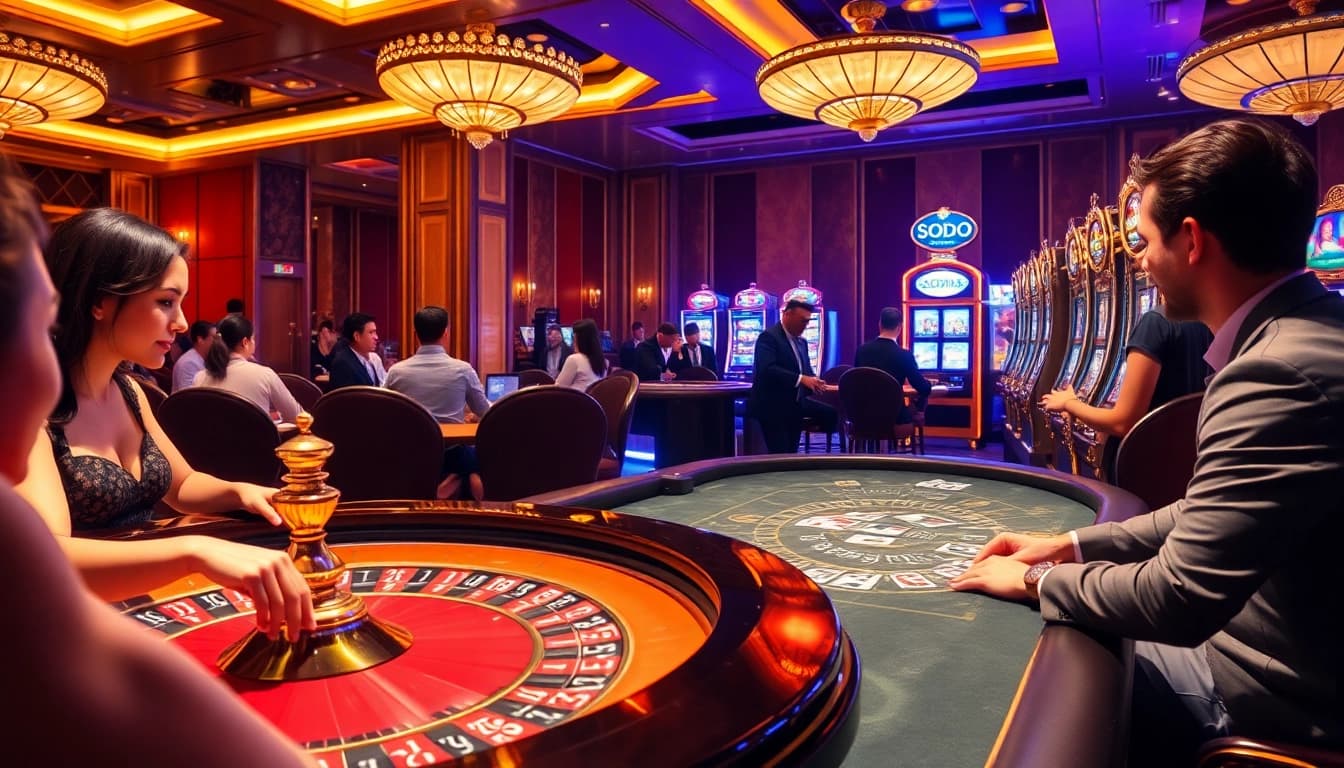 SODO CASINO featuring players enjoying thrilling gambling action at roulette and blackjack tables.