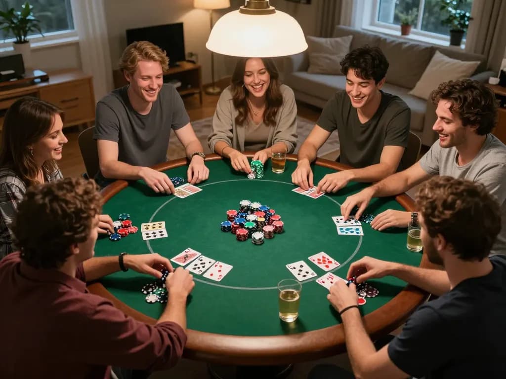 Players enjoying a dynamic poker night at home with King33 chips and cards
