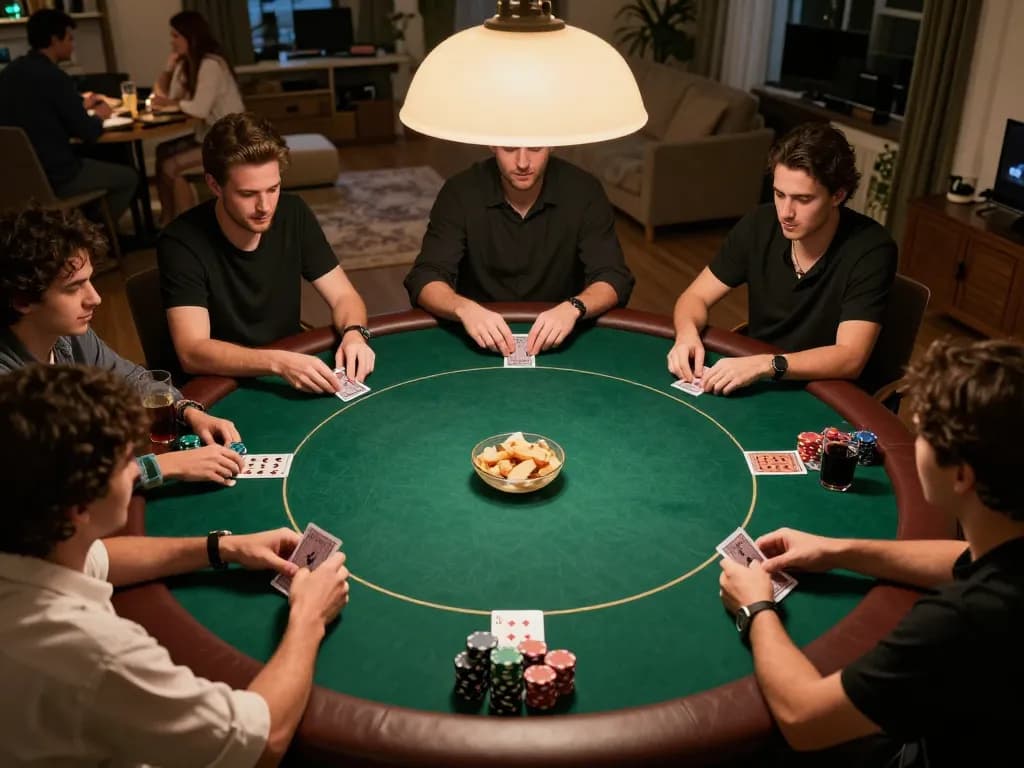 Players enjoy an exciting poker game showcasing ushimitsusoft's gaming strategies in a cozy home atmosphere.