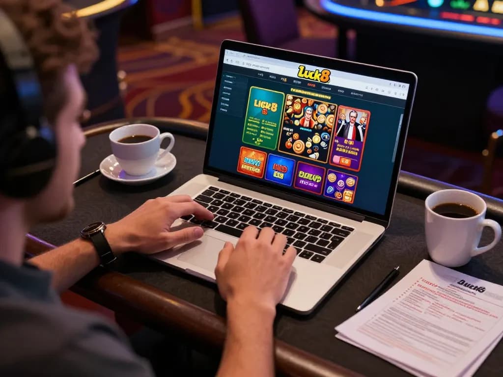 Luck8 player engaging in online casino gaming with a laptop, showcasing a vibrant home setup.