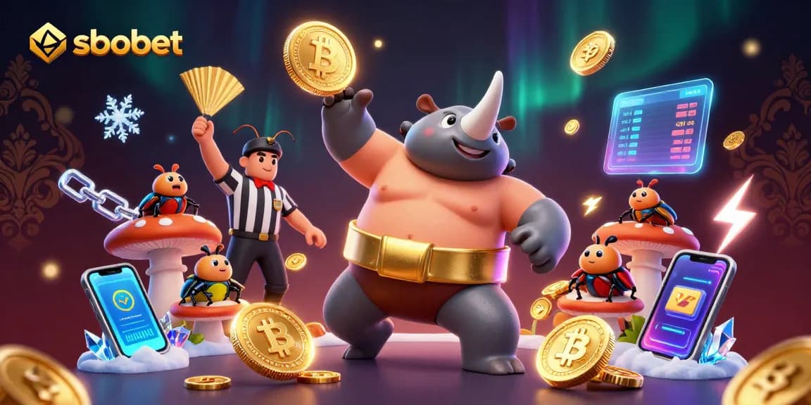 Engage in sbobet betting with a powerful sumo beetle champion surrounded by vibrant crypto elements.