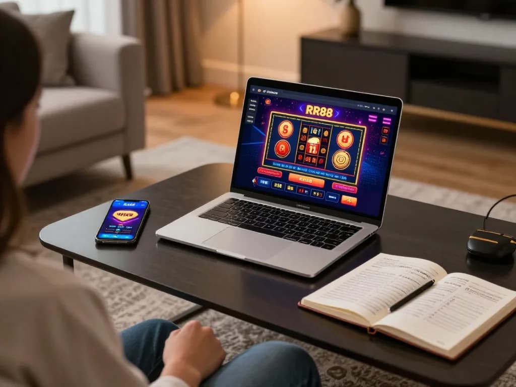 Enjoying an exciting gaming session on RR88 with a sleek setup and strategic notes.
