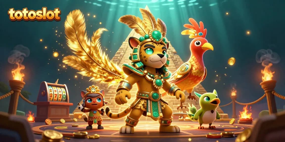 Engage with the thrilling world of totoslot, featuring vibrant slot reels and a Mayan jaguar priest.