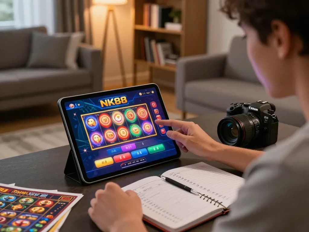 Player analyzing strategies on NK88 casino app while enjoying a cozy home environment