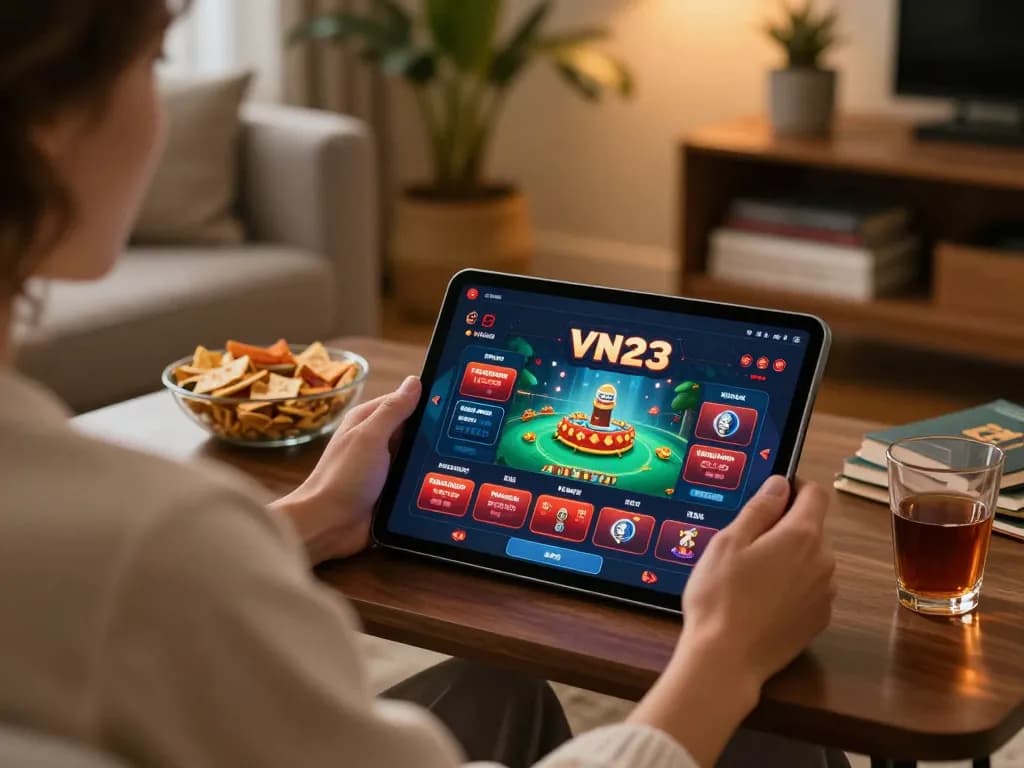 Engaging with the VN23 casino app on a tablet at home for a rewarding gaming experience