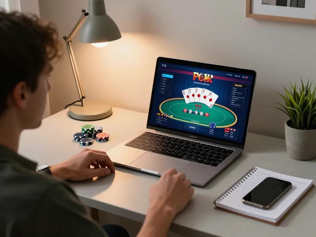 Engaged in an online poker game with uu88 bet, showcasing strategic gameplay and comfortable home setup