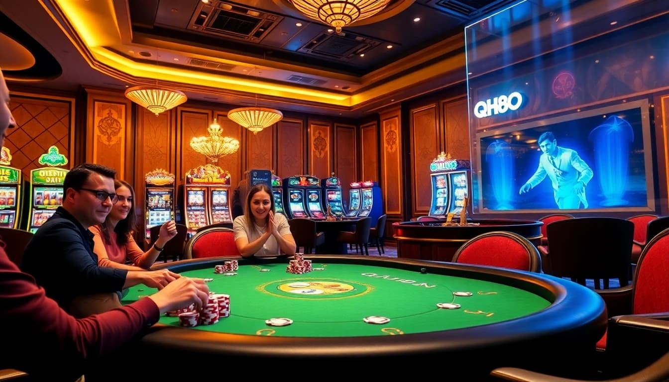 Players engaging in a thrilling poker game at a luxurious qh88 online casino.
