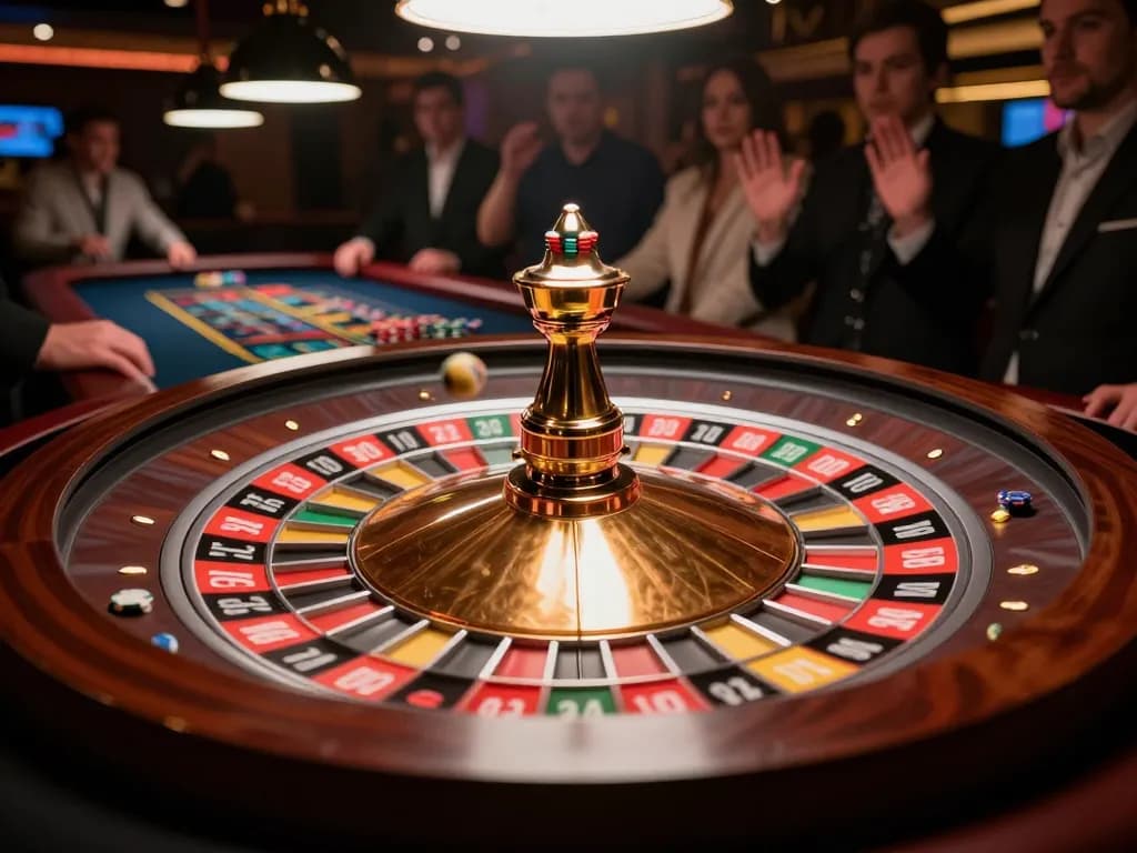 Players engaging with roulette at sunwin casino, vibrant colors showcasing chips and a spinning wheel.