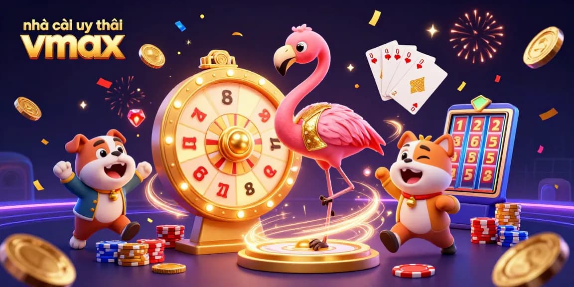 Engaging scene of nhà cái uy tín Vmax featuring prizes, game elements, and colorful characters.