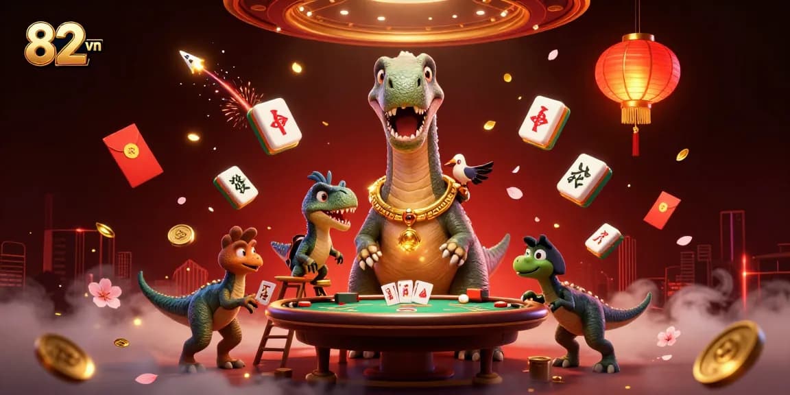Engage in the best gaming experiences at 82 vn, where a huge brontosaurus watches over a vibrant casino scene.