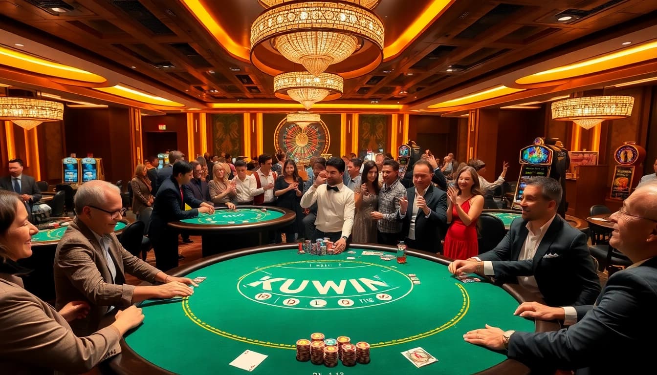 Kuwin gamers enjoying high-stakes poker at an elegant casino table in a luxurious setting.