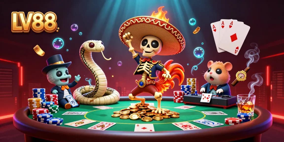 Experience the excitement of LV88 casino with a vibrant 3D illustration showcasing lively characters and rich gambling elements.