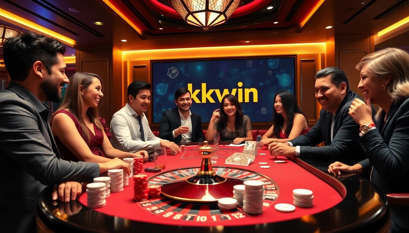 Engaging gambling atmosphere with players enjoying kkwin at a vibrant casino table with poker chips.