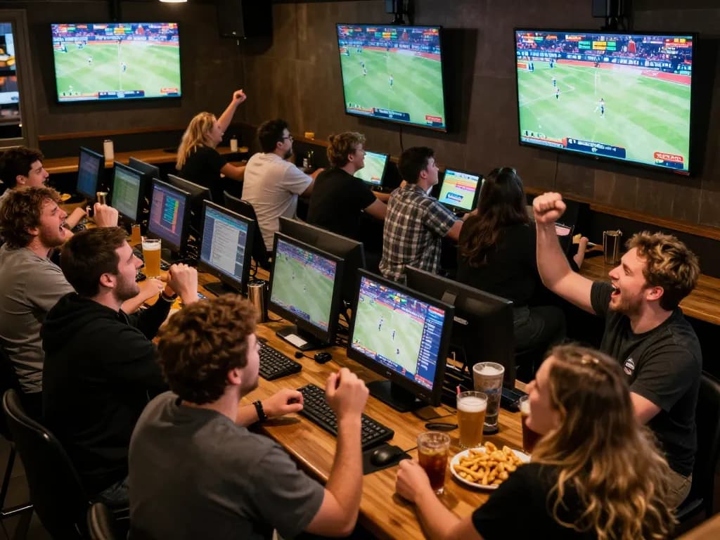 Engaging moment of sports fans celebrating hm88 bet outcomes in a lively sports bar atmosphere