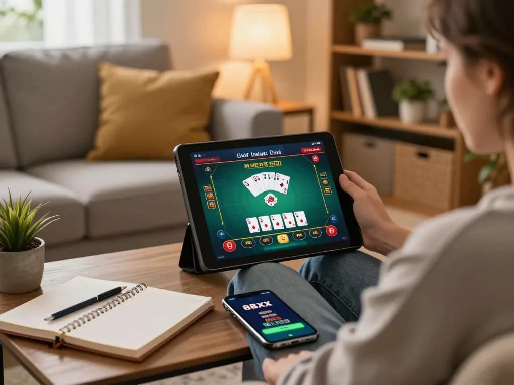 Engaging with the 88xx online casino app while enjoying a cozy home gaming setup.