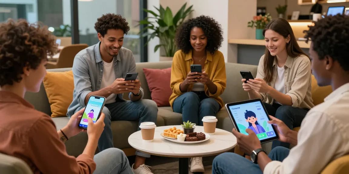 Users engaging with crushon ia in a vibrant tech lounge setting, showcasing animated characters on devices.