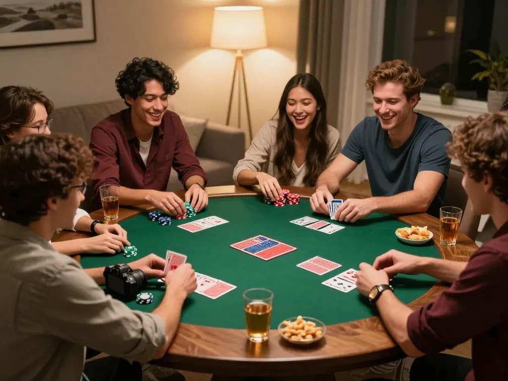A group enjoying poker at home, showcasing dn88 social gaming atmosphere with cards and chips.