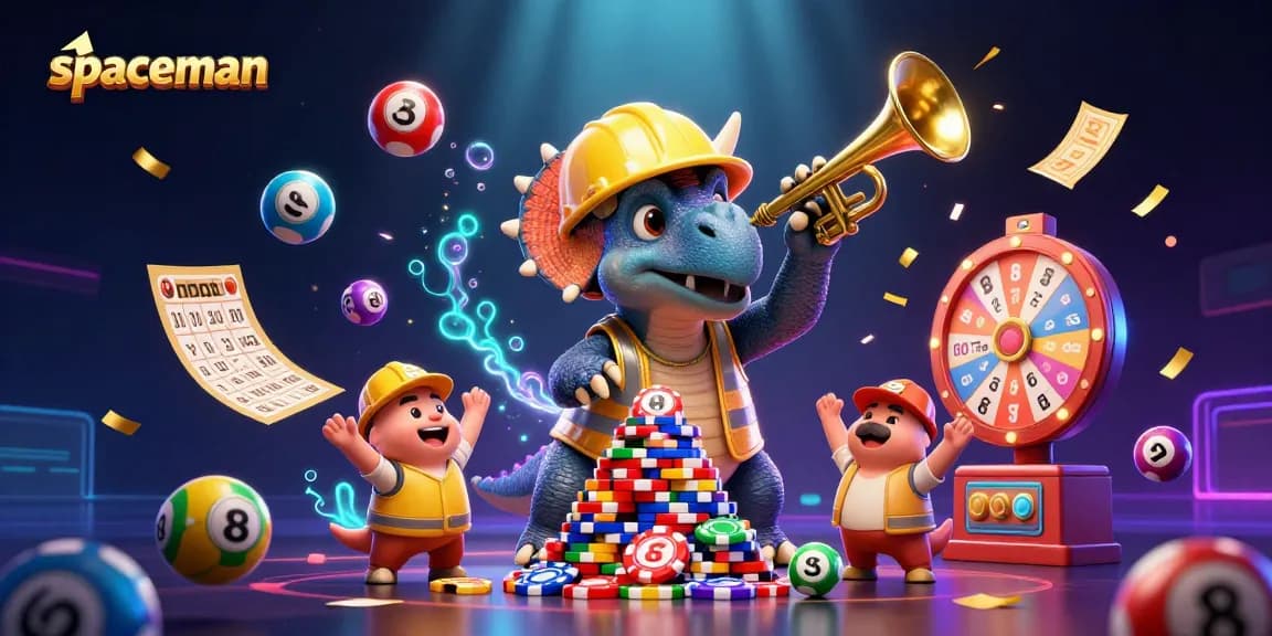 Spaceman slot game featuring a triceratops and lottery balls, creating a vibrant gaming atmosphere.