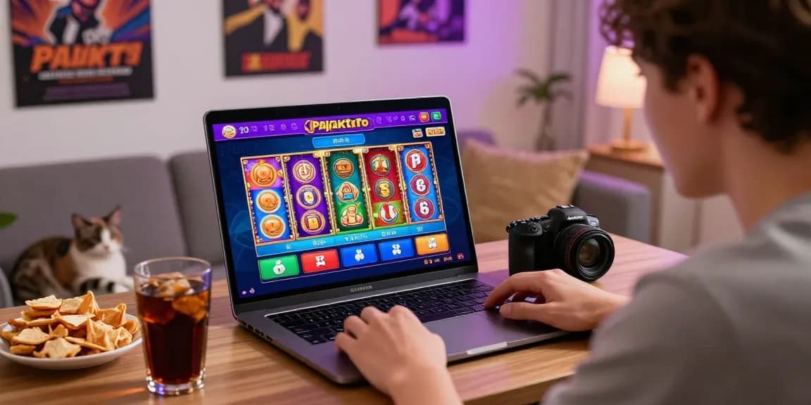 Pajaktoto gaming scene with a player engaged with colorful online slots and cozy home setup.