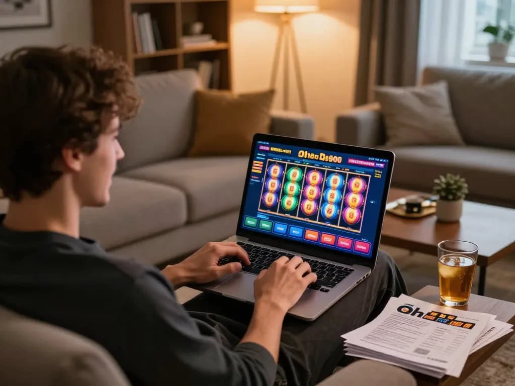 Engaging in online slots gameplay on Qh88 com from a cozy home setting, showcasing responsible gaming.