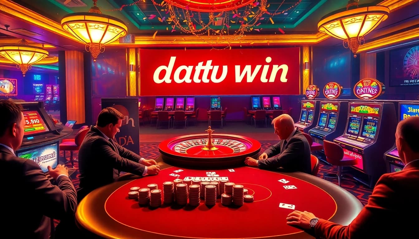 Suasana kasino yang mendebarkan menampilkan perayaan kemenangan Datuk Win di meja poker dengan pencahayaan yang cerah.