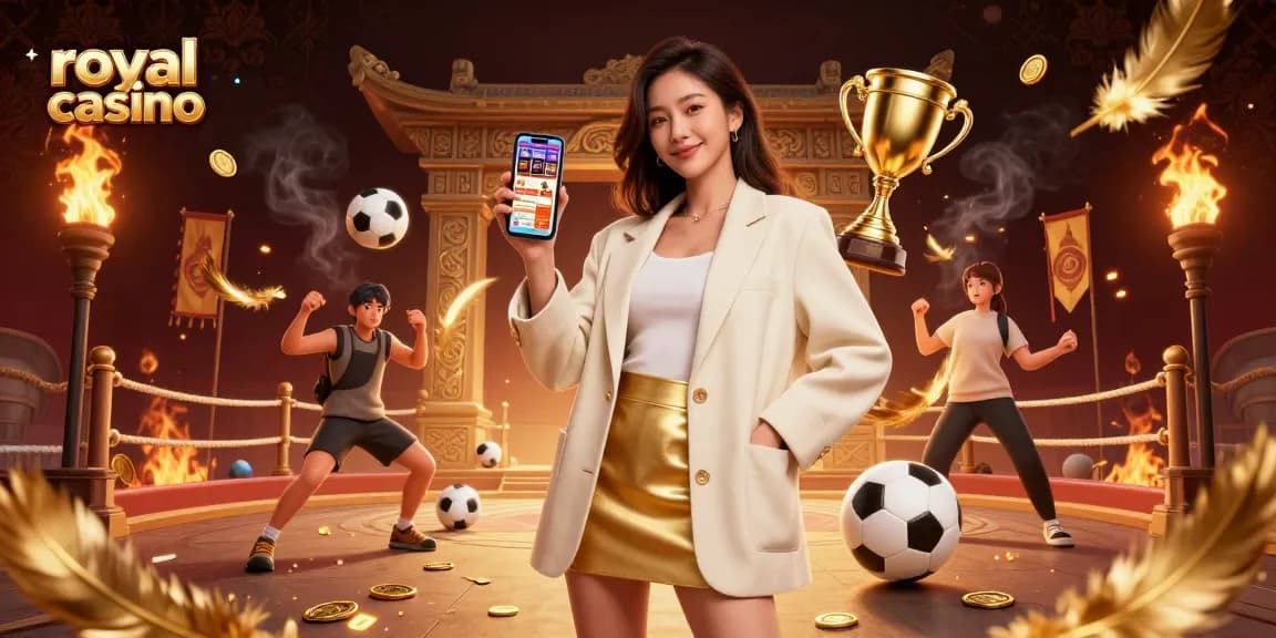 Engage in the royal casino experience with a beautiful Asian woman showcasing a sports betting app.