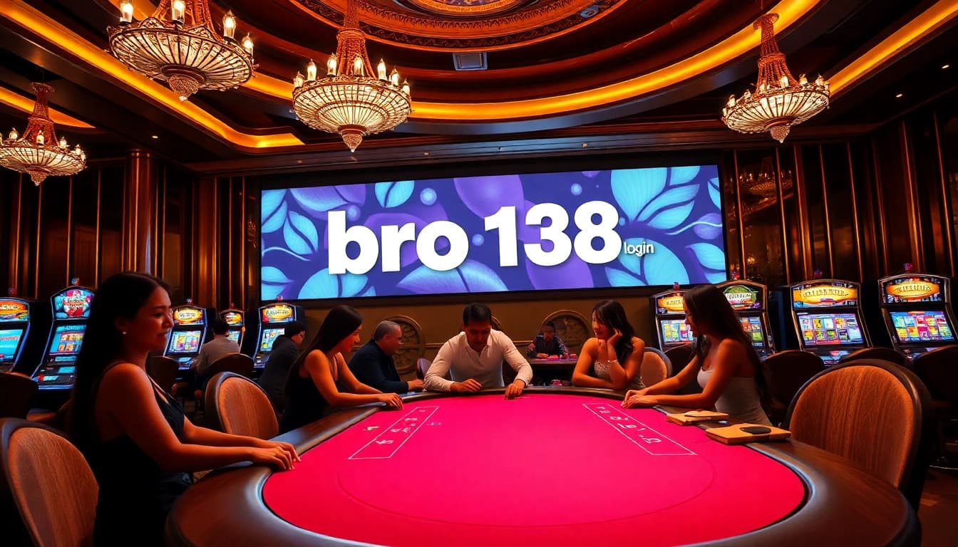 Exciting gambling scene featuring players at a poker table and the "bro138 login" displayed prominently.