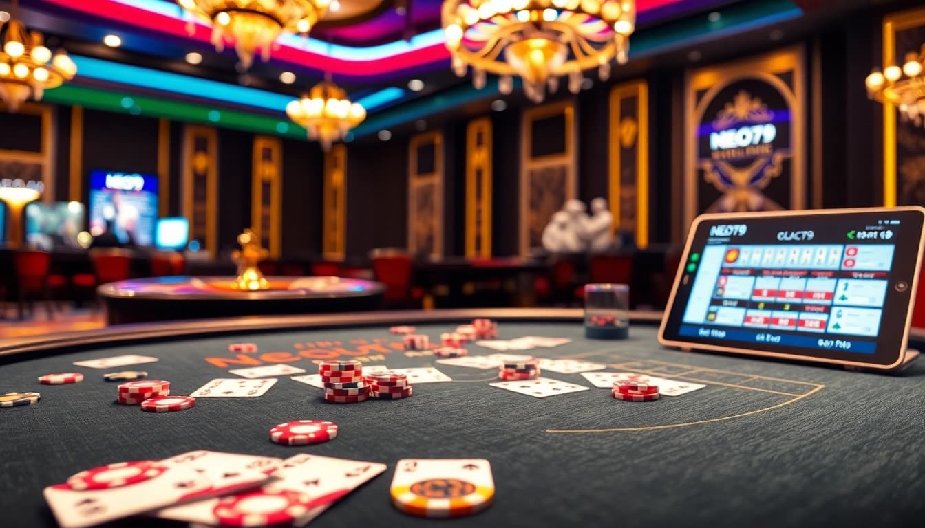 High-stakes gambling at a NEO79 casino table with vibrant lights, cards, and chips.