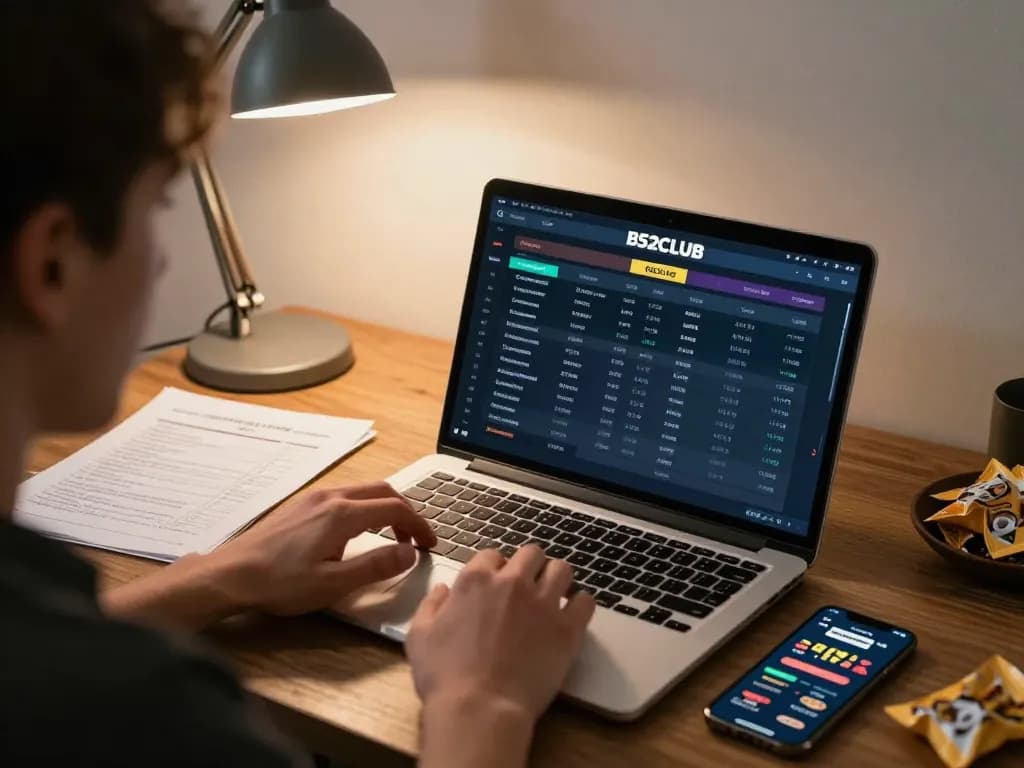 B52CLUB player engaged in online gambling strategy with laptop and smartphone in a cozy home setting.