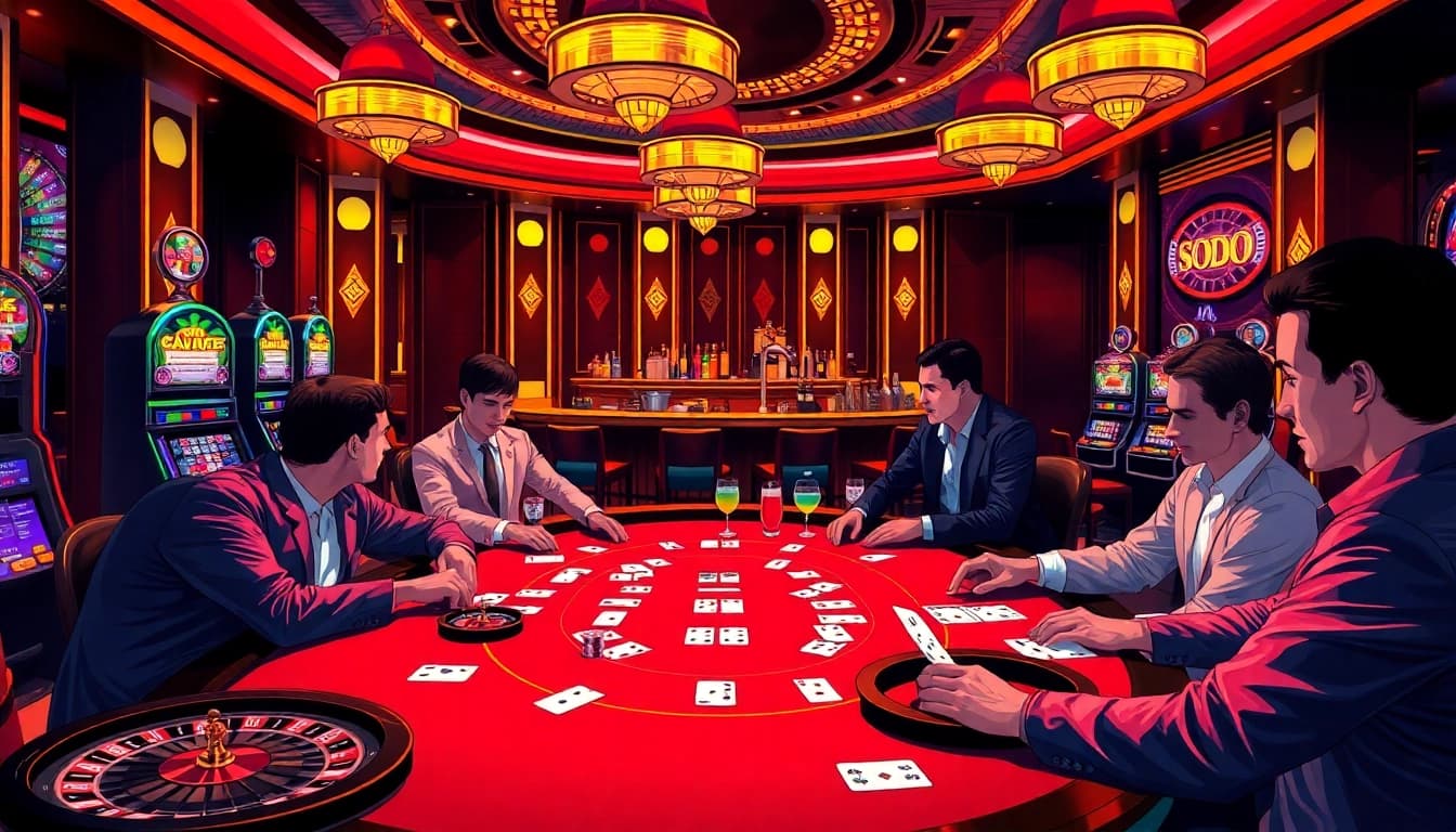 SODO CASINO interior with players enjoying poker, roulette, and slot machines in a luxurious setting