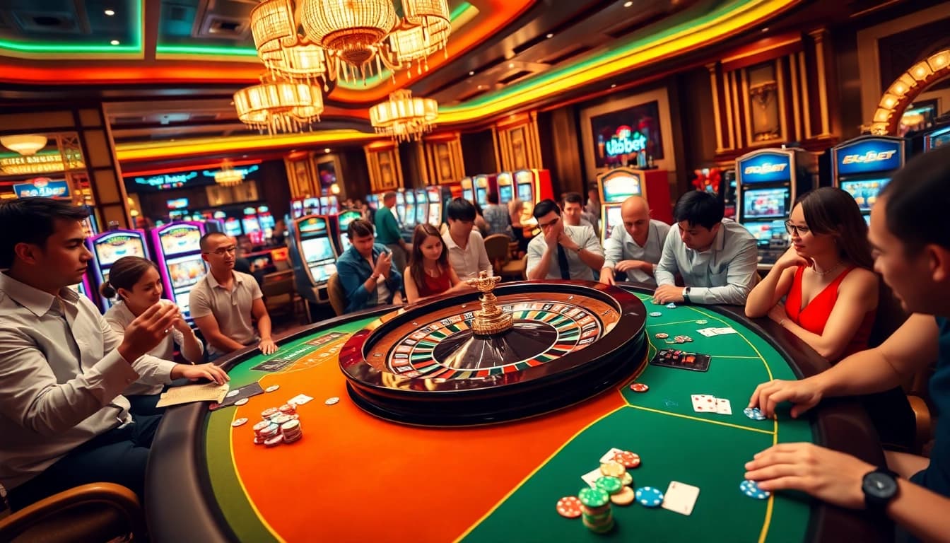 Gamblers placing bets at a lively 188bet casino table featuring poker chips, cards, and a roulette wheel.