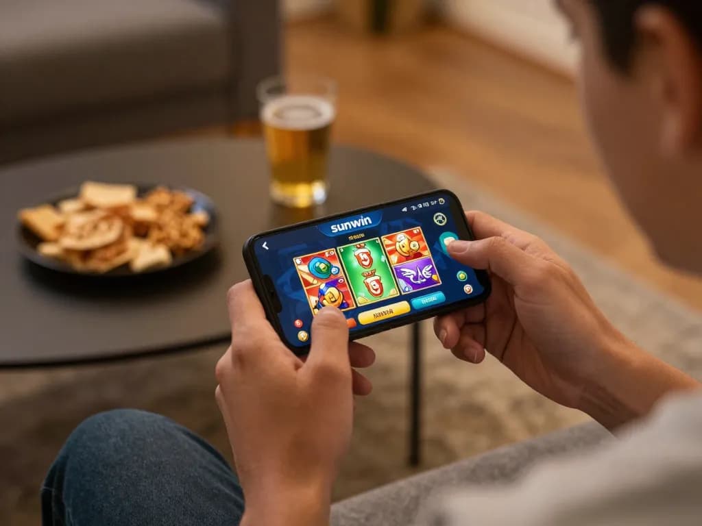 Engaging gameplay on the Sunwin smartphone app in a cozy home setting.