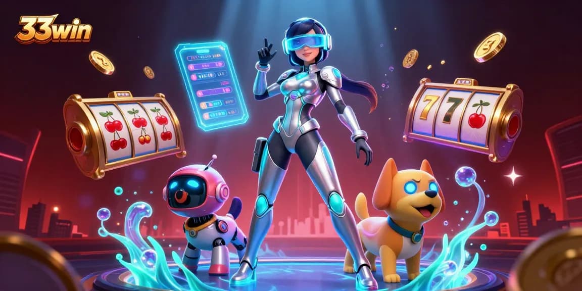 Engage with the thrilling slots experience at 33win, featuring a futuristic woman and robot dog.