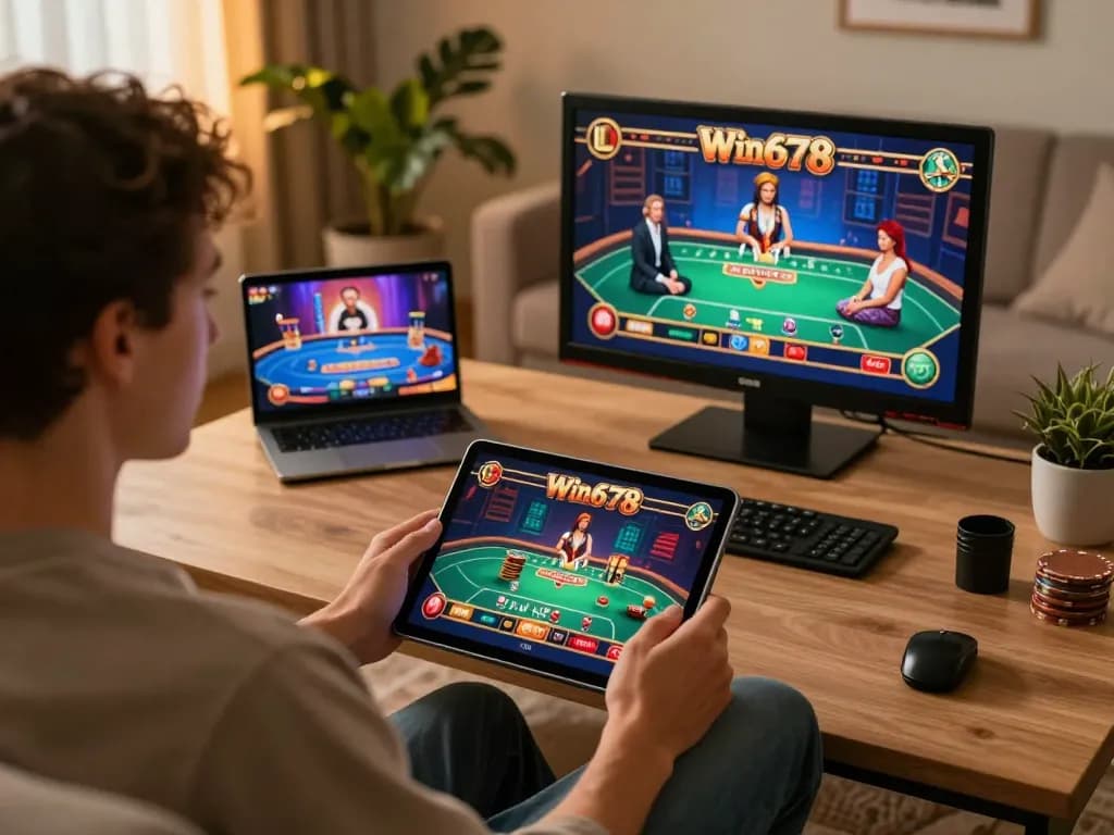 Win678 player engaging in online casino gaming on tablet, showcasing strategic gameplay and comfortable atmosphere.