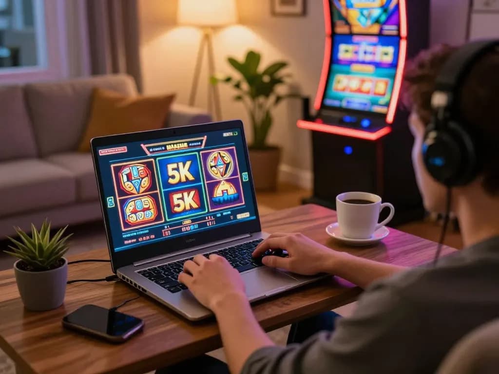 Engaging in slot 5k gameplay on a laptop in a cozy home setting while enjoying strategic online gambling