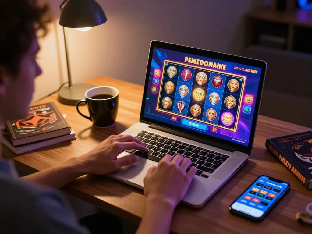 Pengaturan permainan online Planet77 menampilkan permainan slot yang menarik di laptop, menciptakan suasana yang nyaman