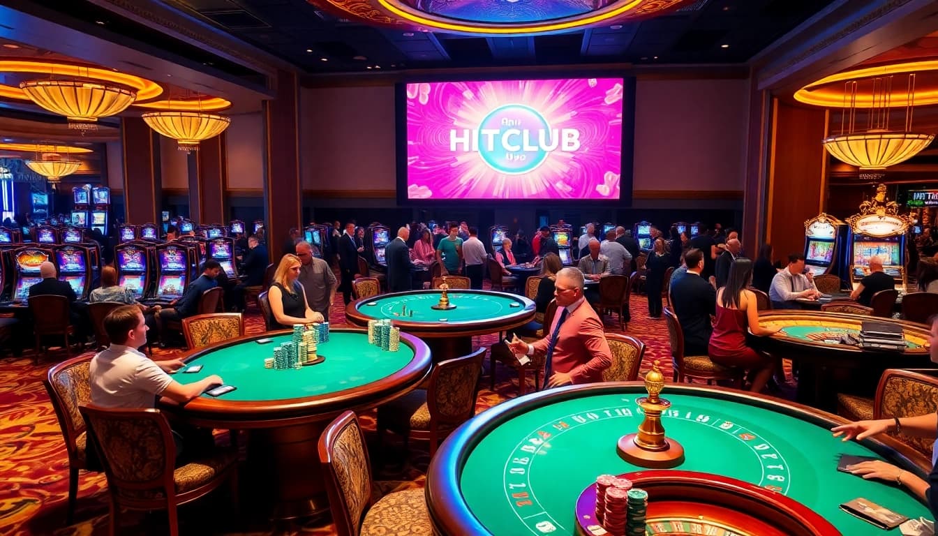 Players enjoying a thrilling game night at HITCLUB casino with vibrant tables and engaging atmosphere.