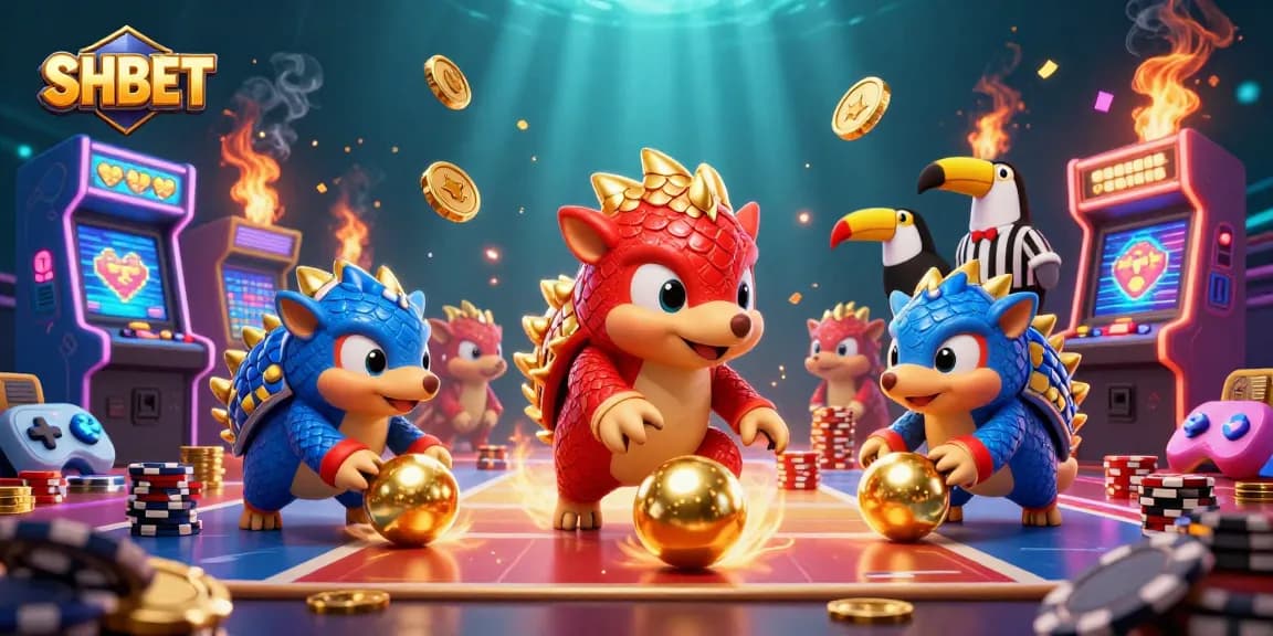 SHBET pangolins compete in a vibrant casino scene, showcasing dynamic gaming elements and excitement.