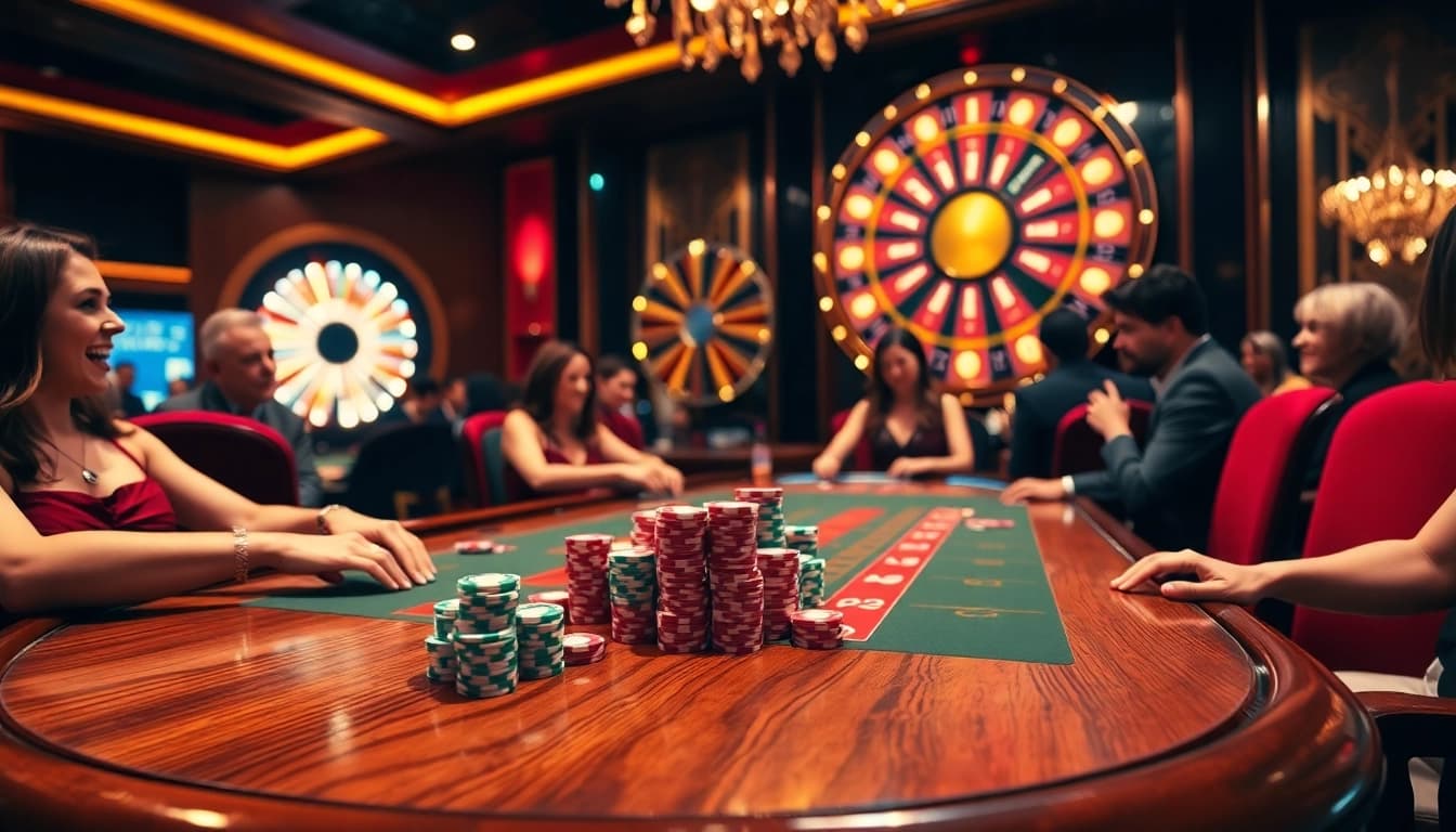 High-stakes RR88 gaming scene with poker players, chips, and cards at a luxury casino.