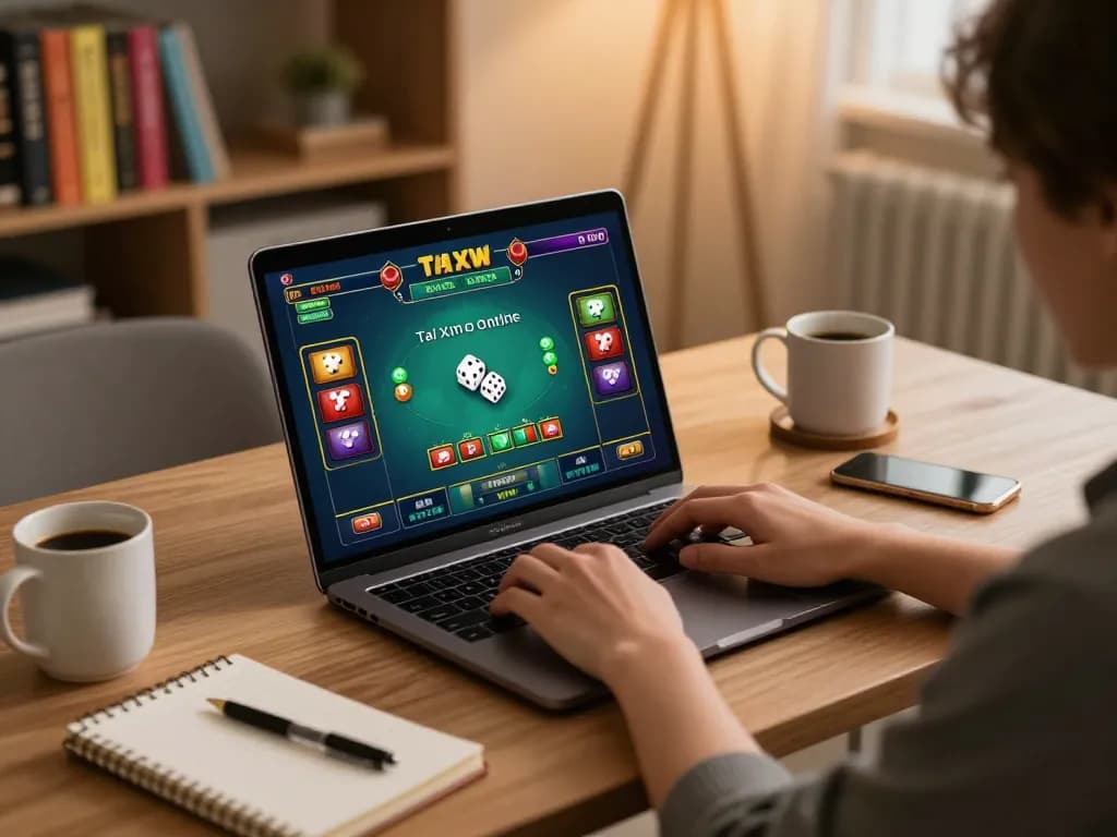 Engaging in tai xiu online gaming on a laptop at a stylish home desk, showcasing a cozy entertainment atmosphere.
