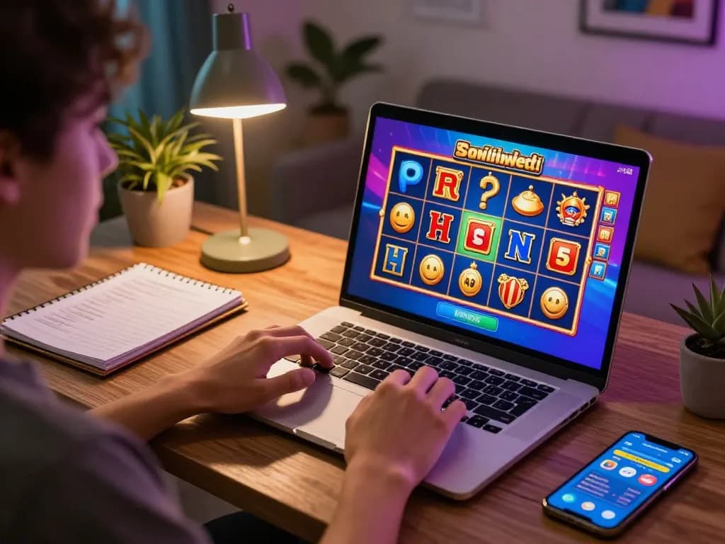Engaging in slot online gameplay on a laptop, showcasing colorful graphics and a cozy atmosphere