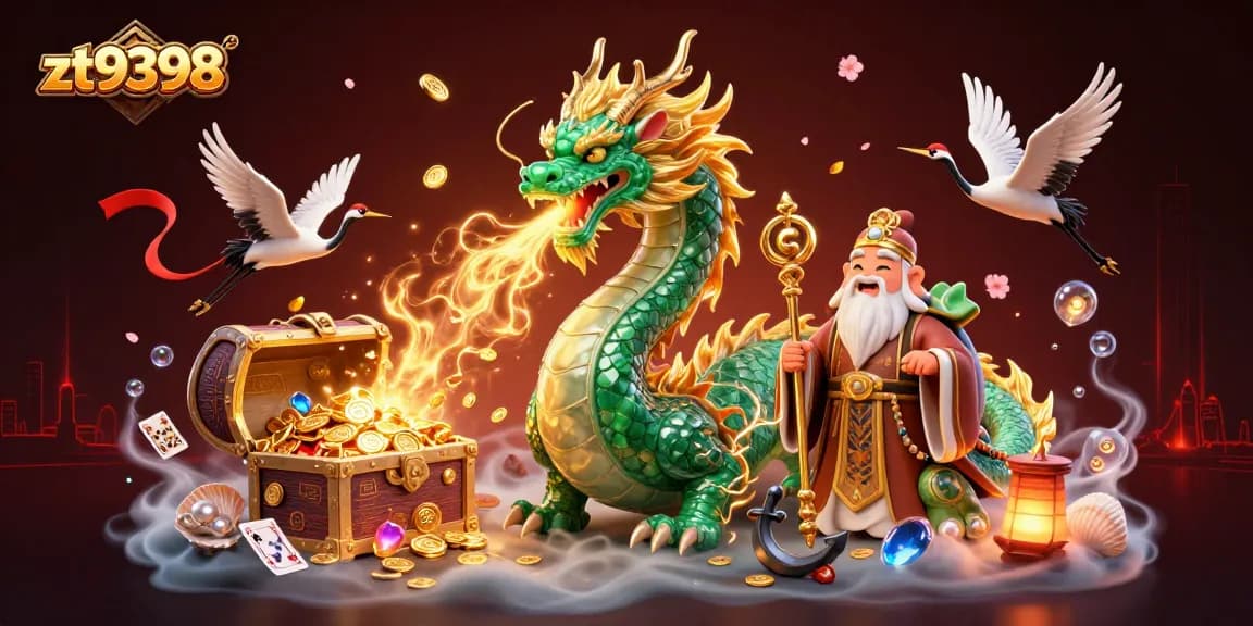 Engage in thrilling gameplay at zt9398 with immersive elements like a jade dragon and floating playing cards.