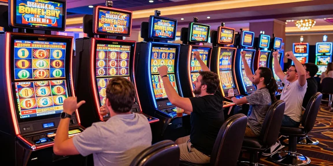 Players enjoying bonus buy slots at https://celebratepanto.co.uk/, celebrating wins in a vibrant casino atmosphere.