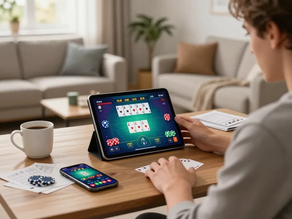 Suasana menarik seorang gamer di rumah bermain poker online melalui tablet, menampilkan antarmuka link ggdewa777 dengan kartu yang vibrant.