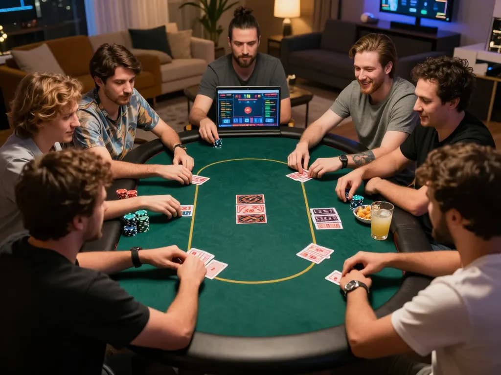 Players enjoying online casinos in Canada while engaged in spirited poker game at home