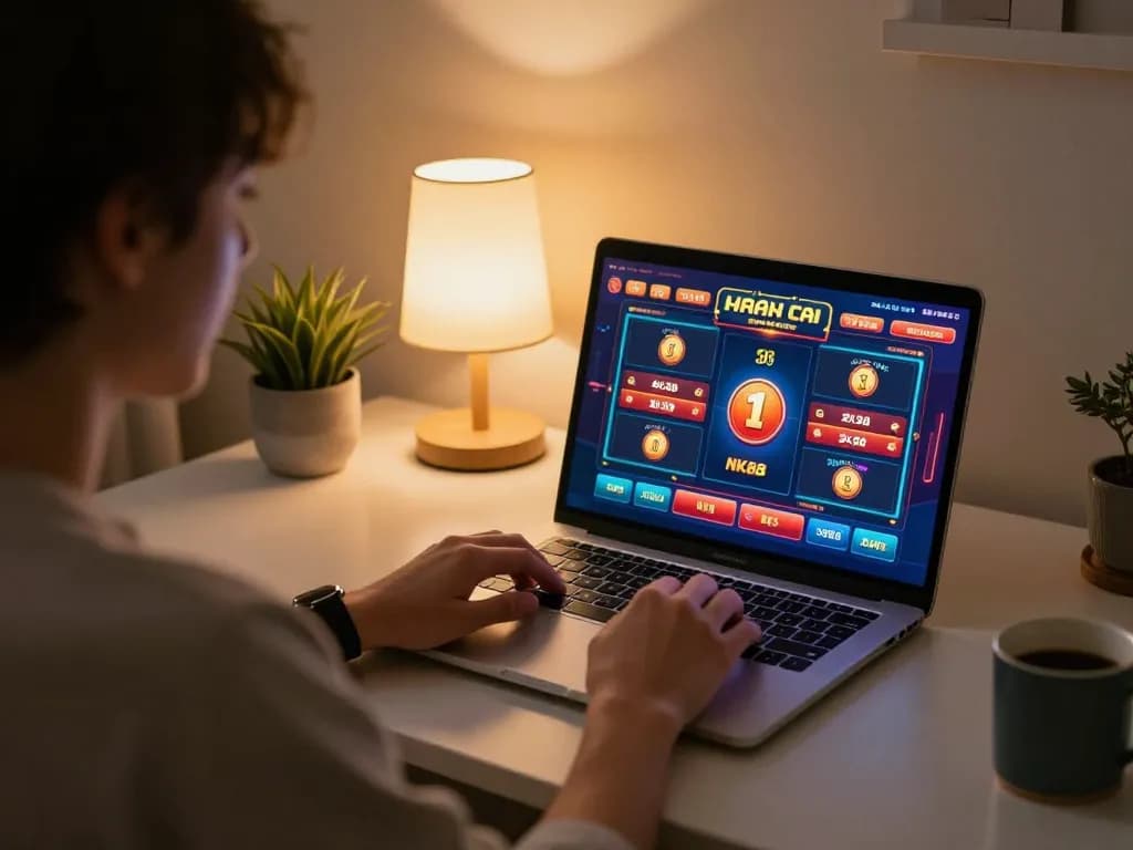 Play online slots on NK88 nhà cái with a cozy home setup, smartphone and laptop in use.