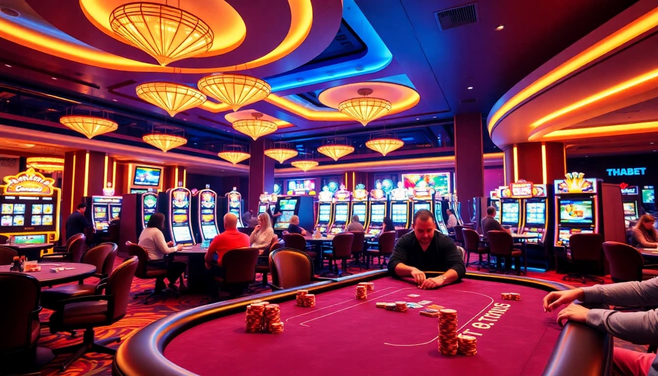 Exciting scene of players enjoying poker at Thabet casino, showcasing vibrant gameplay and luxury.