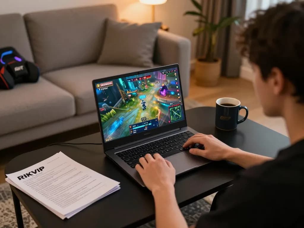 RIKVIP user enjoying an engaging online gaming experience on a cozy laptop setup.