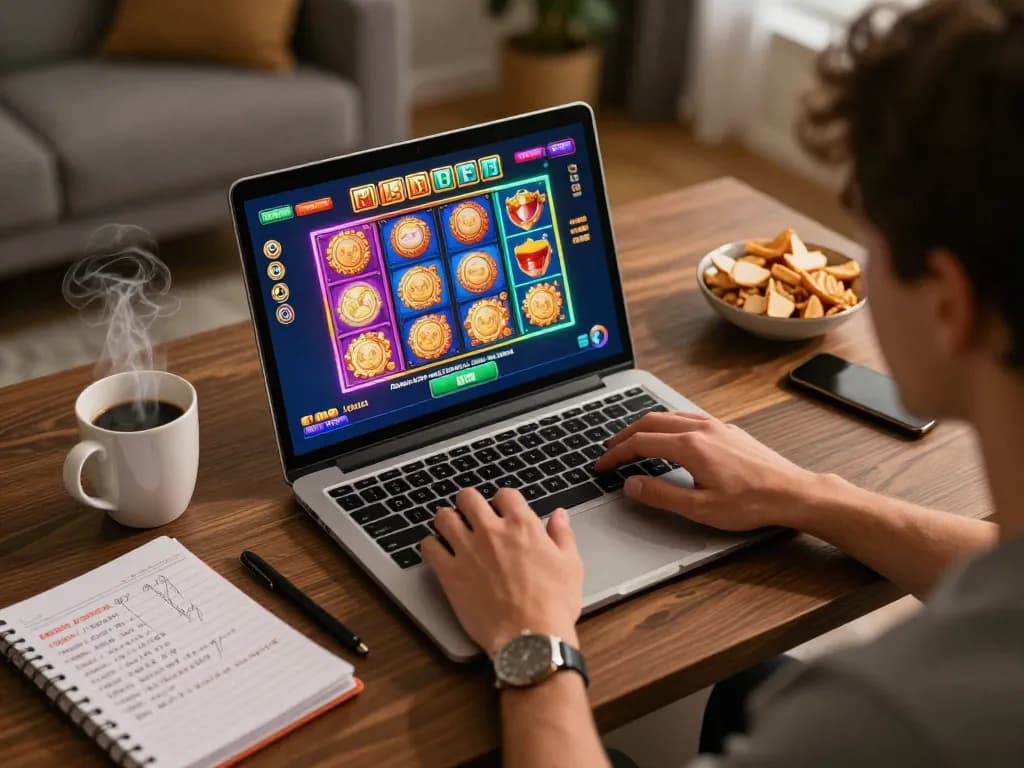 Engaged player at home using god55 platform for online casino games with snacks and notes.